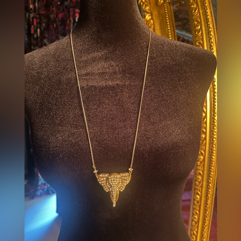 Vintage Long Gold Tone Elephant Pendant Necklace with Rhinestones